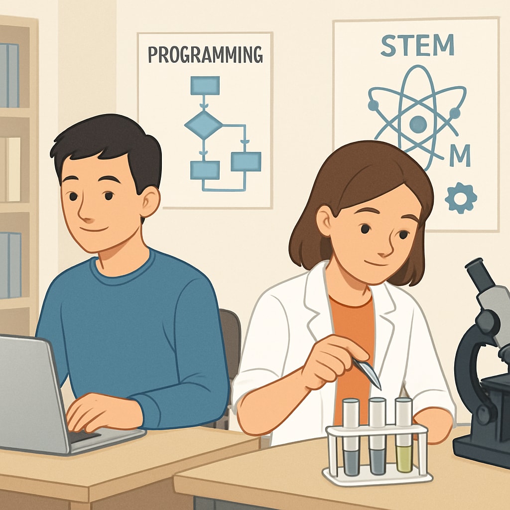 A student working on a programming project alongside another conducting a biology experiment, symbolizing hands-on exploration of STEM fields. Students exploring STEM through programming and biology experiments.