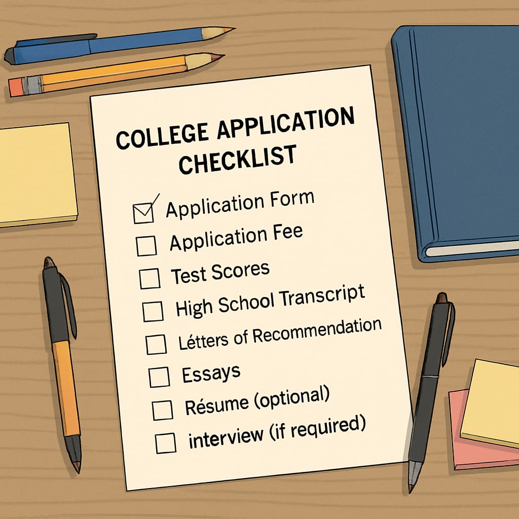 A detailed checklist for college applications on a desk, representing organization and preparedness. Checklist for college applications showing deadlines and key tasks.
