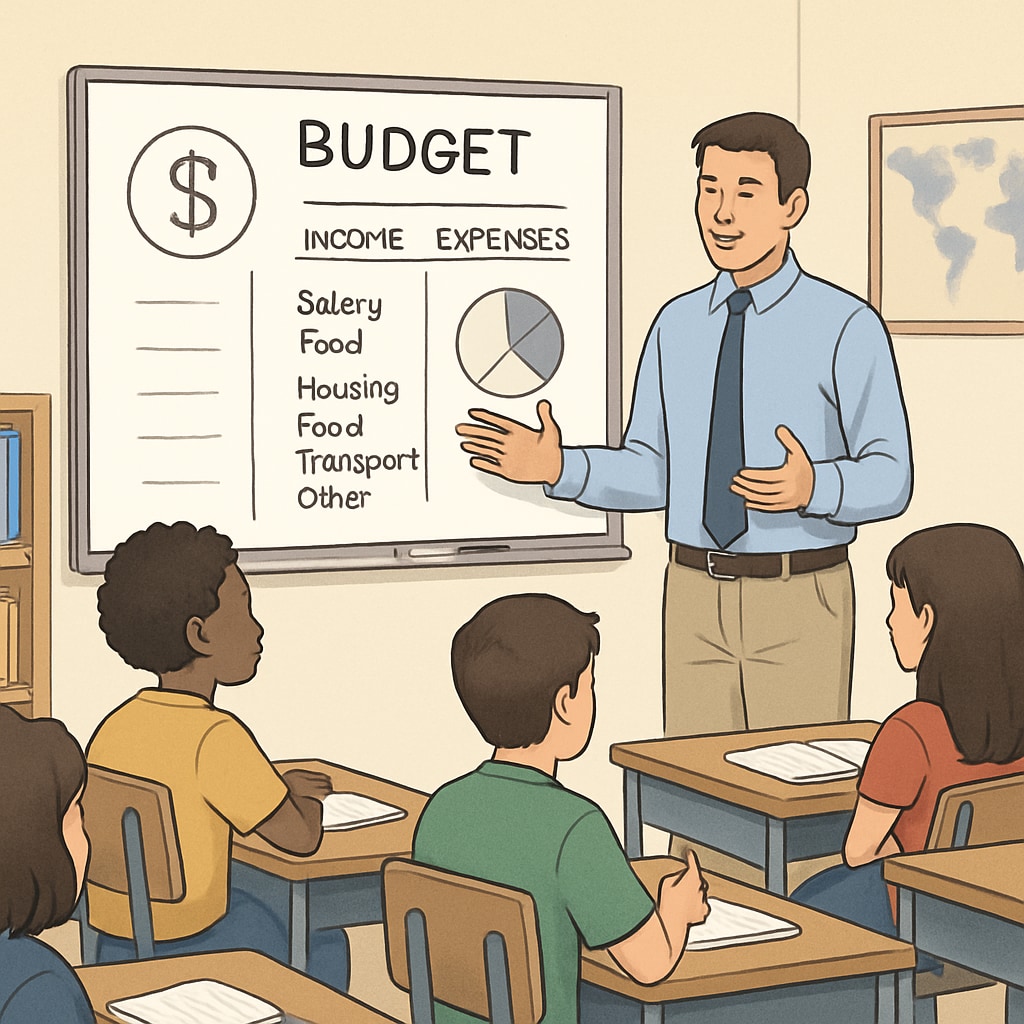 A classroom of students learning about financial concepts, with a teacher explaining a budget chart on a whiteboard. Students learning financial literacy in a classroom setting, with a focus on budgeting.
