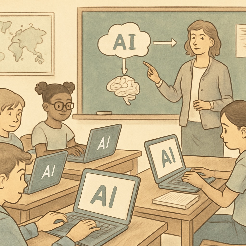 A classroom setting with students using laptops, symbolizing the integration of AI tools in education. Students in a classroom using laptops for AI-driven learning tools.