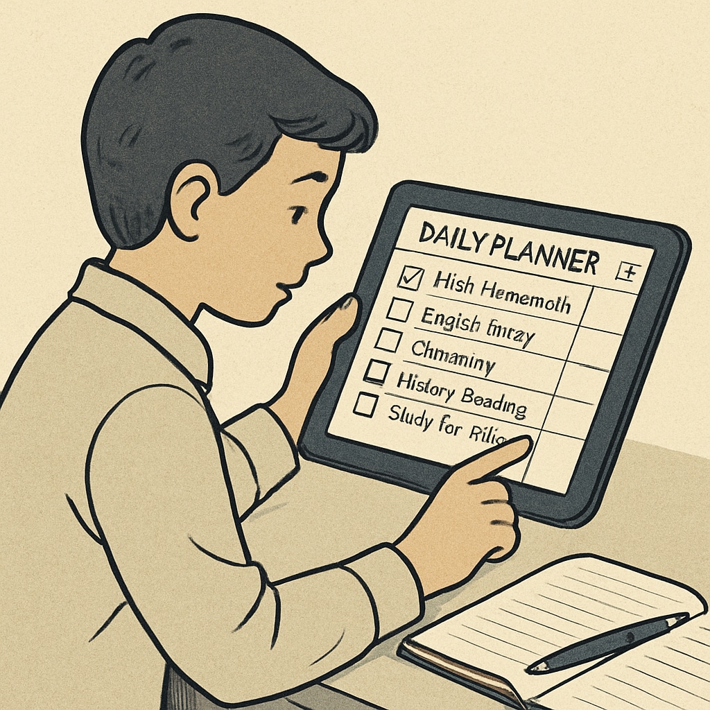 A student using a planner or calendar app on a tablet, planning daily tasks and assignments. A student practicing time management with a digital planner app.