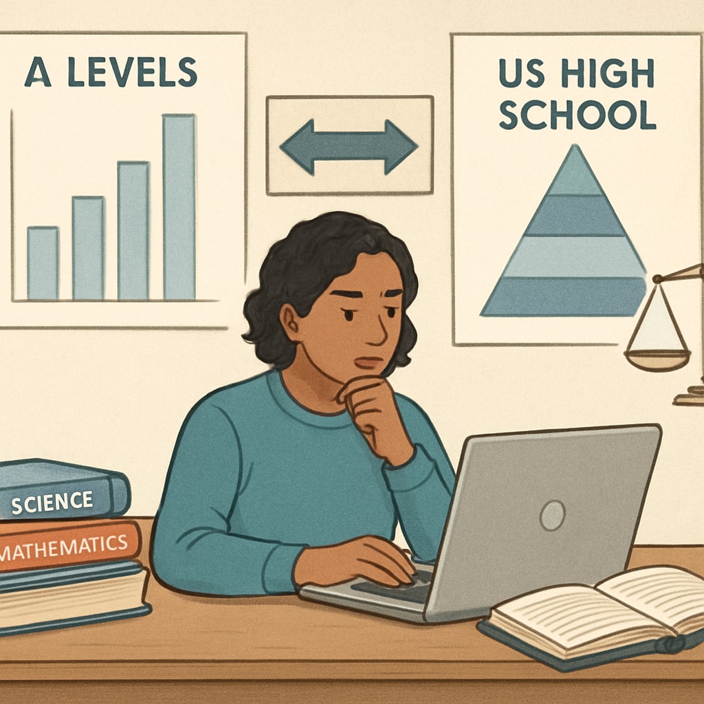 An international student comparing A Levels and US high school curricula on a laptop, symbolizing decision-making. Student comparing A Levels and US high school education for college admissions.