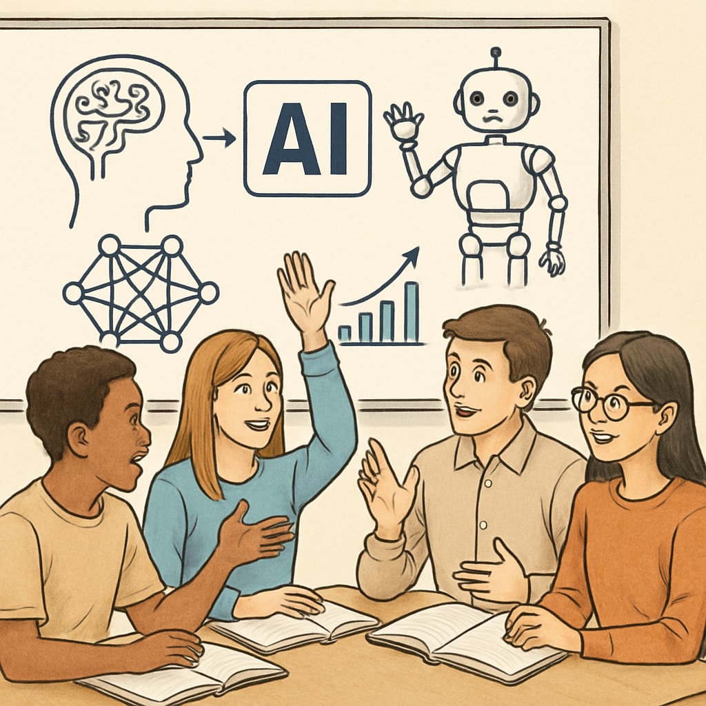 Students engaging in group discussions while referencing AI-generated materials on a whiteboard. Students collaborating and discussing AI-generated content in an interactive classroom.