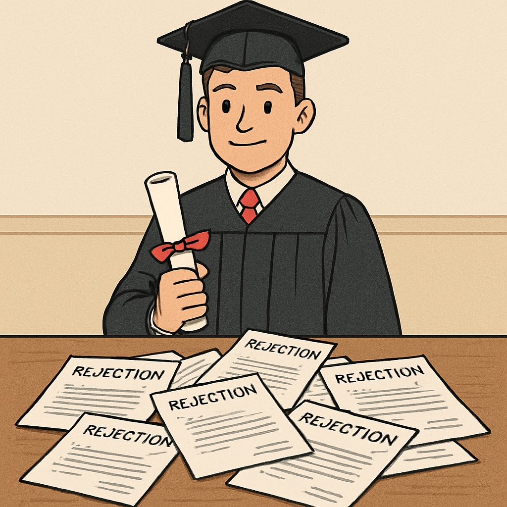 A young graduate holding their diploma, surrounded by job rejection letters, symbolizing the disconnect between education and employment success. Graduate holding diploma amidst job rejection letters, highlighting education and unemployment challenges.