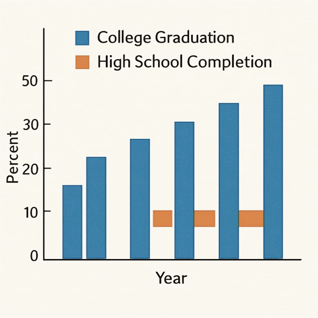 A bar chart comparing the rising rates of college graduation against static high school completion requirements in job postings. A bar chart illustrating disparities between college degrees and high school diploma policies.