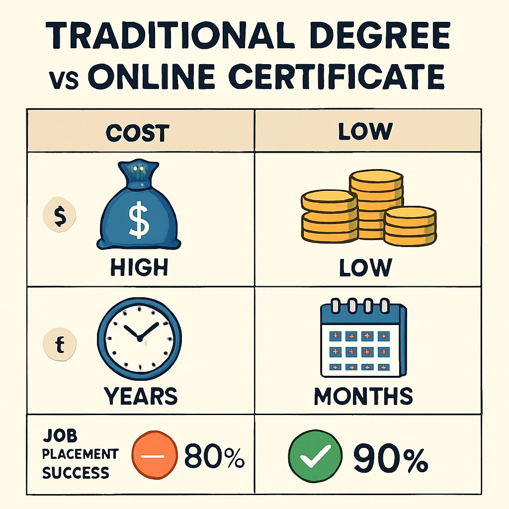 A comparison chart showcasing traditional degrees versus online certifications in terms of cost, time, and job placement success rates. Chart comparing degrees and certifications, emphasizing education and job market alignment.