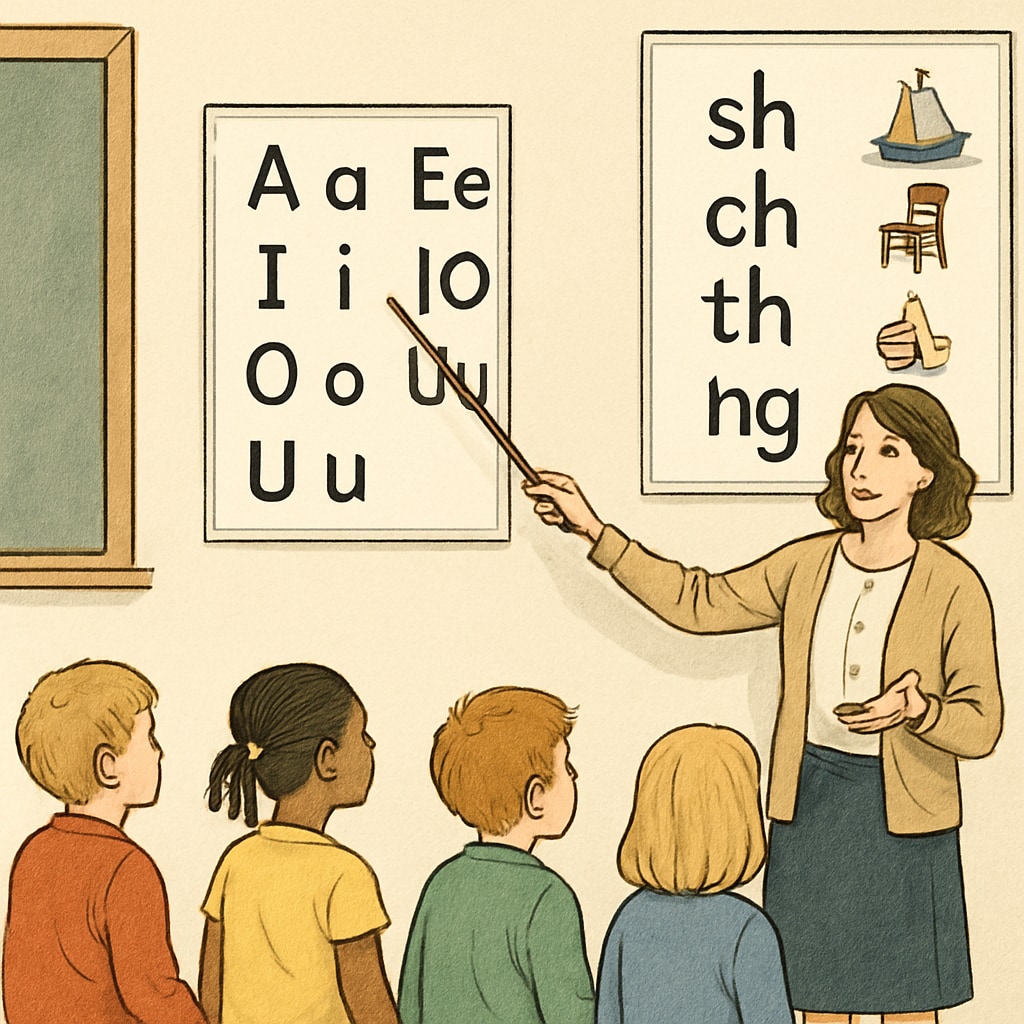 Phonics-based reading instruction in a classroom setting.