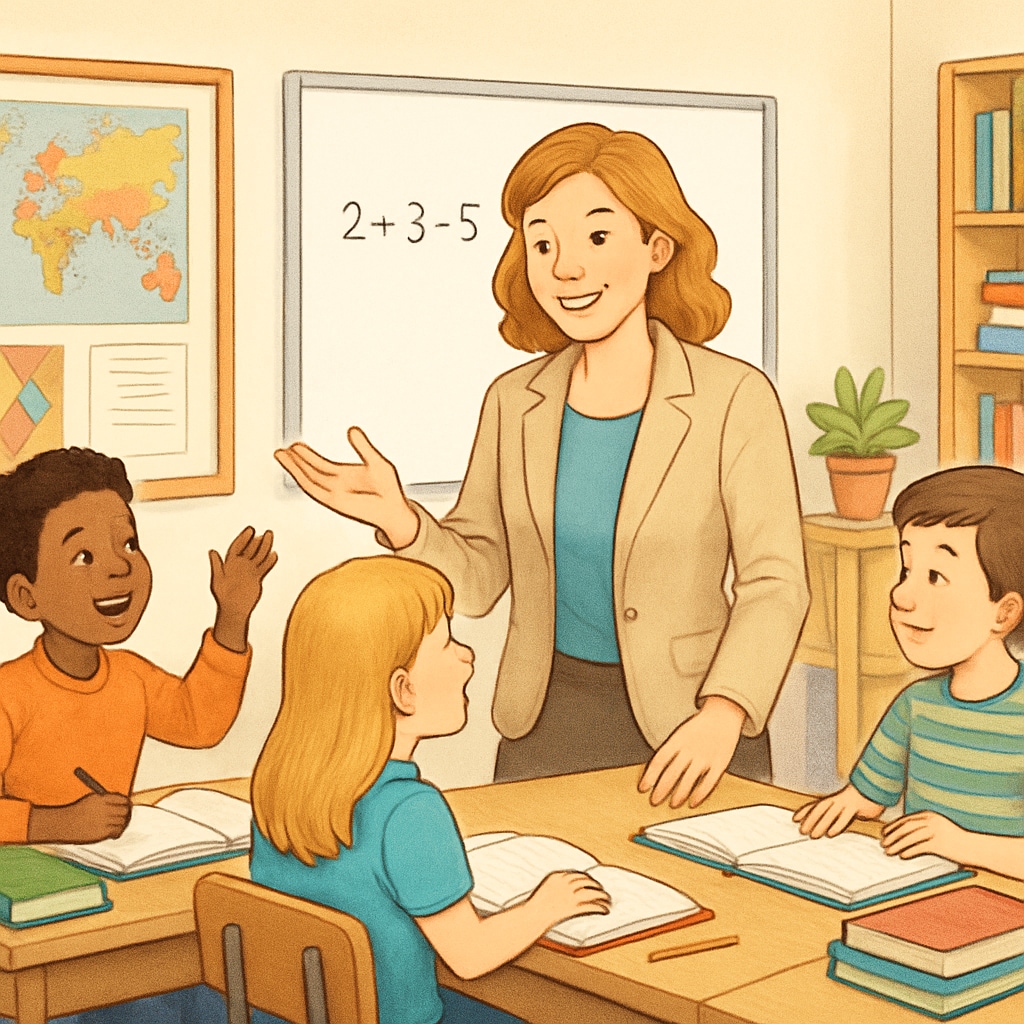 A teacher interacting with elementary school students in a modern classroom setting. A teacher engaging with students in a public elementary school classroom, illustrating quality education practices.