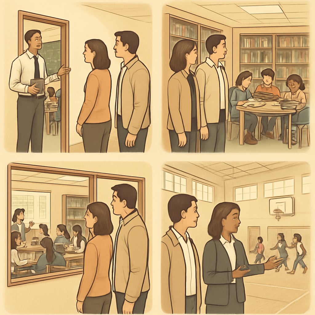 Parents touring a school campus, looking at classrooms and facilities. Parents evaluating a public elementary school by observing facilities and interacting with staff.