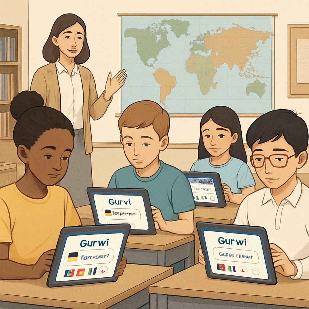 Students from different countries engaging with Gurwi’s multilingual interface on tablets. Students using Gurwi multilingual interface, interactive learning platform