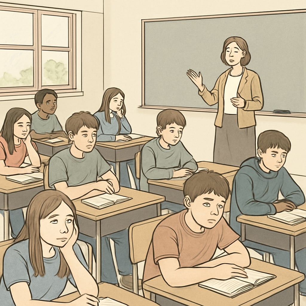 A classroom filled with high school students, many of whom appear disengaged or uninterested during a lesson. High school students experiencing boredom during a traditional lecture-style lesson.