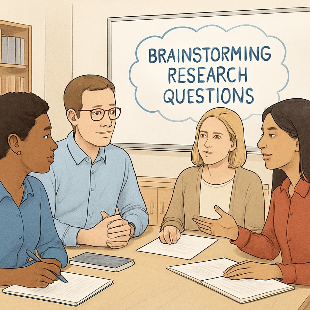 A professional image of educators brainstorming research questions in a classroom setting. Educators discussing K12 research questions in a collaborative environment.