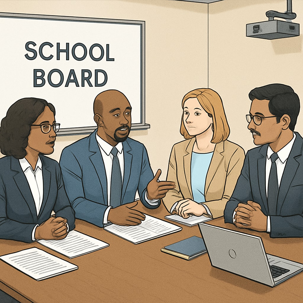 A group of diverse school board members in a meeting discussing educational policies. School board members discussing policies, representing governance effectiveness.