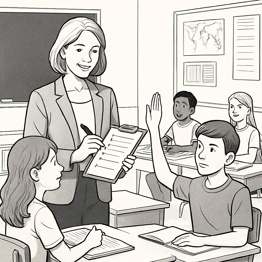 A teacher conducting a classroom survey to collect feedback from students about their learning experiences. Teacher conducting a survey in a classroom to improve education practices.