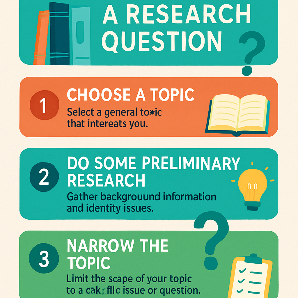 A visual infographic illustrating the steps to create research questions effectively for K12 education. Step-by-step guide for formulating research questions in K12 education.