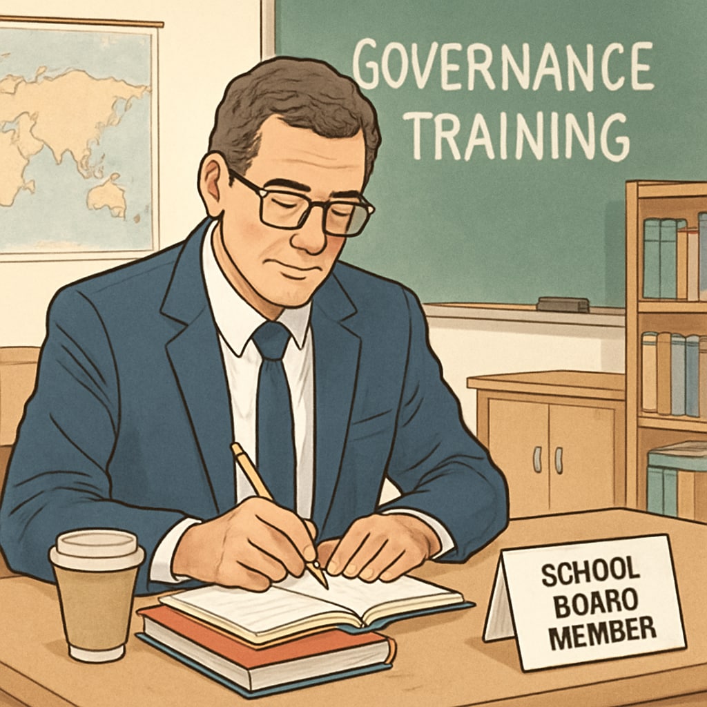 A school board member attending a governance training session, taking notes. School board member in training, highlighting continuous learning for effectiveness.