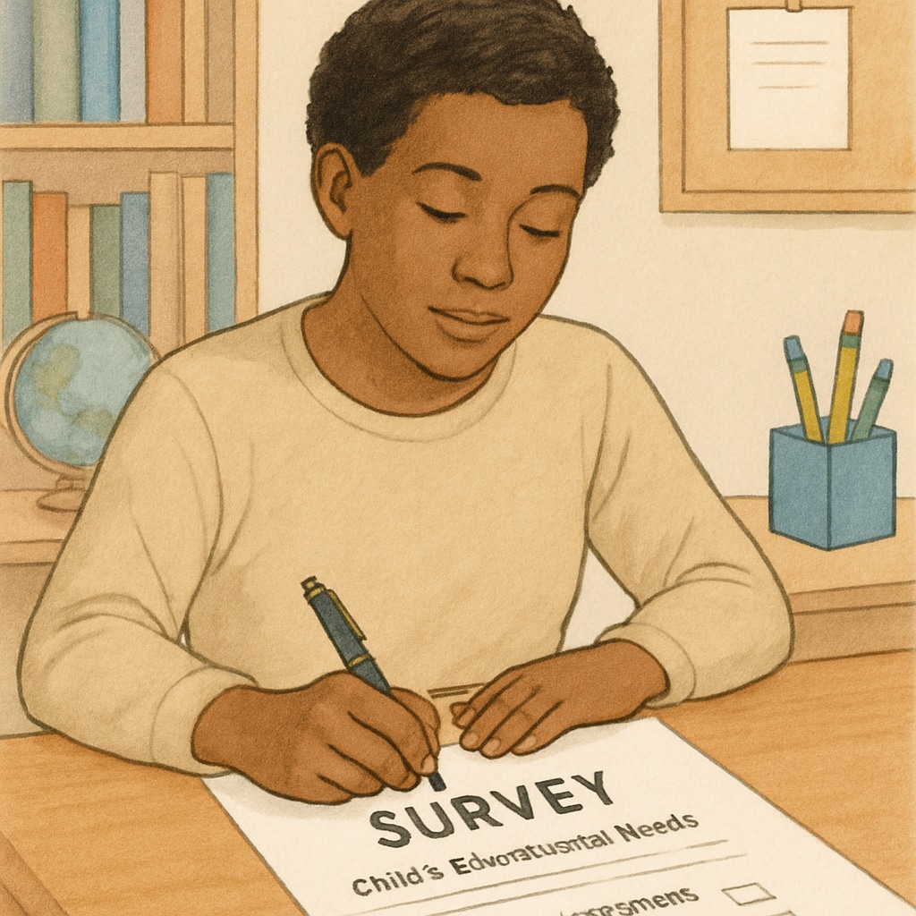 A parent filling out a survey about their child’s educational needs and school environment. Parent completing a survey on their child’s K12 education experience.
