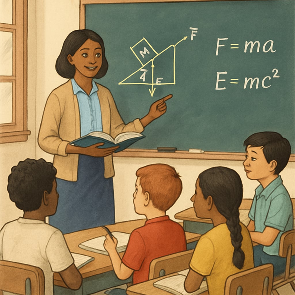 A classroom setting with a teacher explaining physics concepts to students, emphasizing fairness in education. Classroom scene demonstrating fairness in AP Physics C education processes.