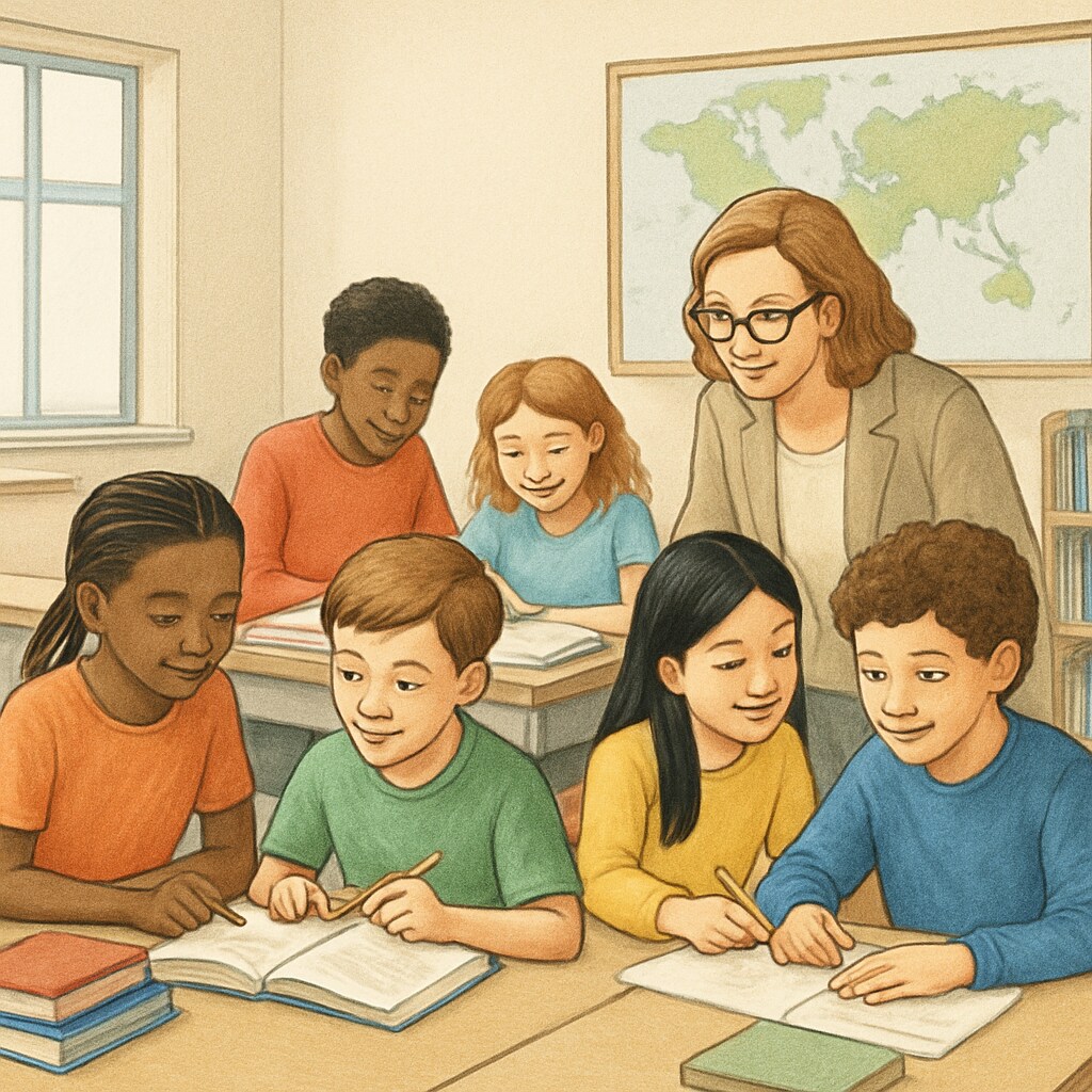 A classroom setting showing students working together in an inclusive learning environment. This image demonstrates the importance of collaboration over competition. Students collaborating in a classroom, symbolizing inclusive learning.