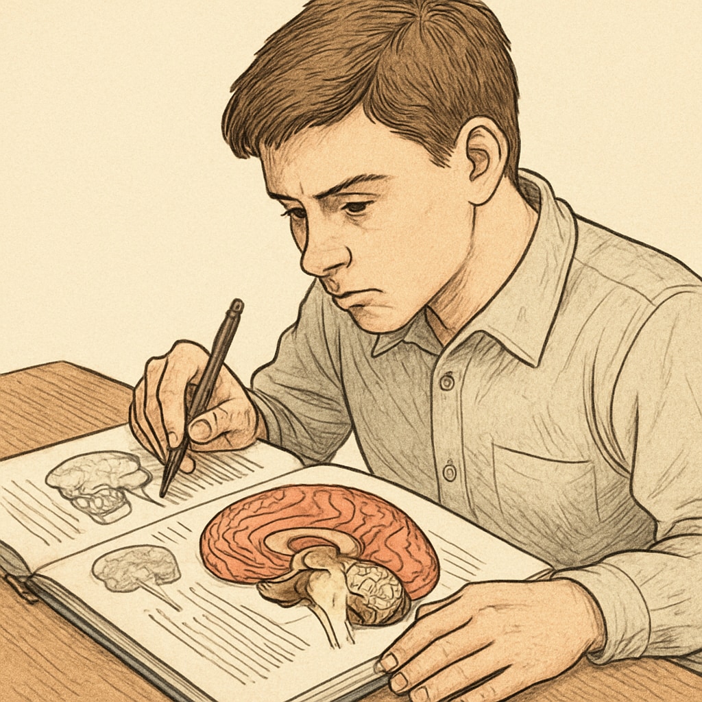 A student studying a detailed anatomy diagram with focus and concentration, representing tailored learning for aspiring neurosurgeons. Tailored learning for aspiring neurosurgeons, focusing on anatomy.