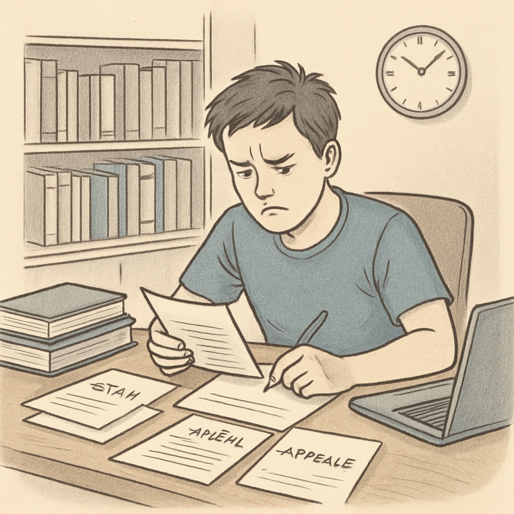 A frustrated student reviewing exam papers and preparing appeal documents, representing the challenges of academic advocacy. Student preparing appeal documents for AP Physics C exam errors and teacher misconduct.