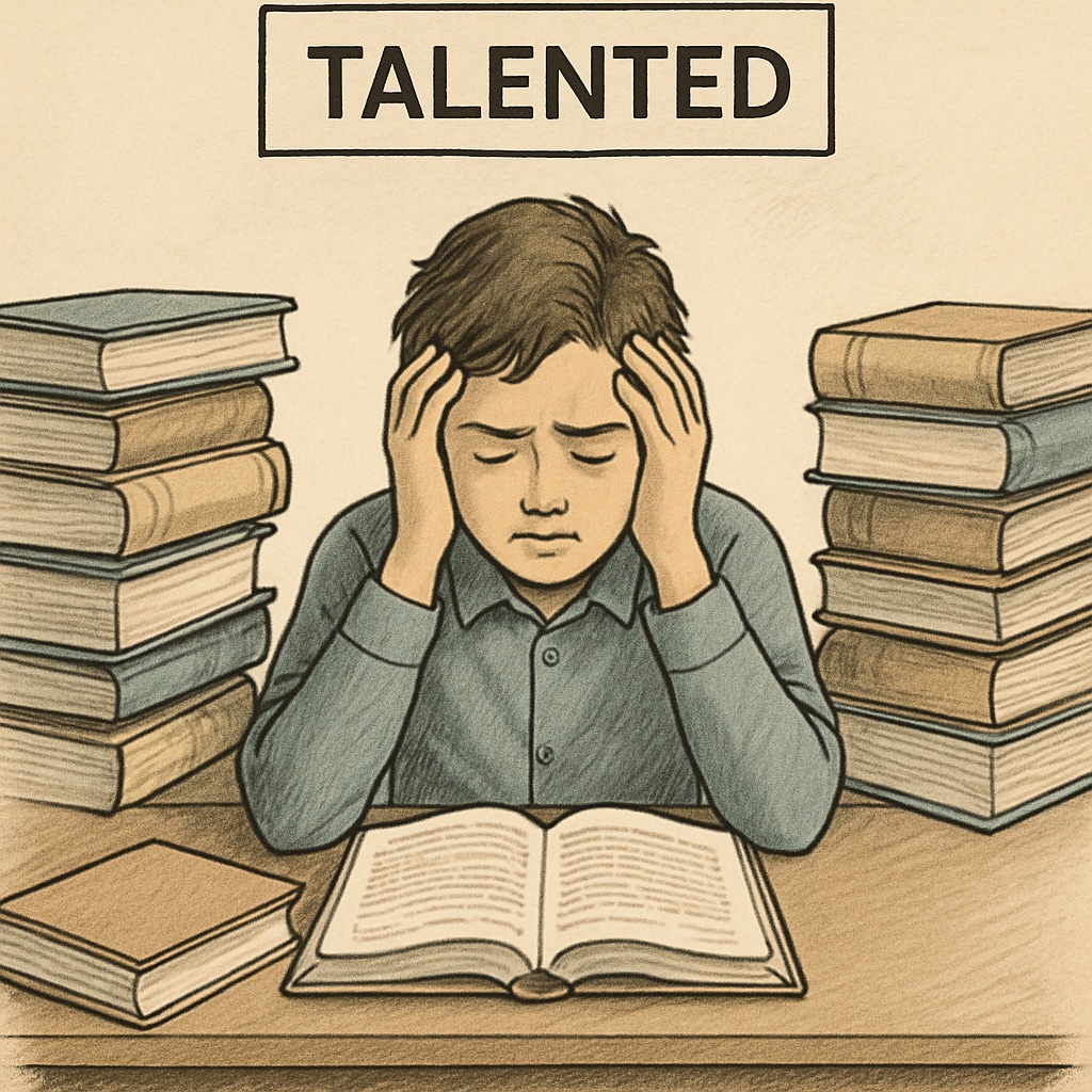 A stressed student sitting at a desk surrounded by textbooks, representing the challenges of living up to talent labels. Stressed student at desk with textbooks, illustrating pressure from talent labels.