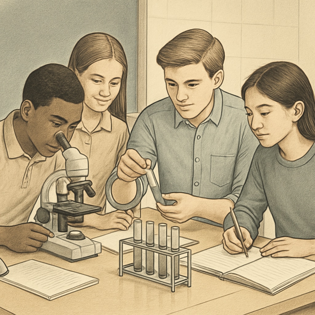 A group of students collaborating on a science project, fostering teamwork and critical thinking in a practical learning environment. Students collaborating on a science project to develop teamwork.