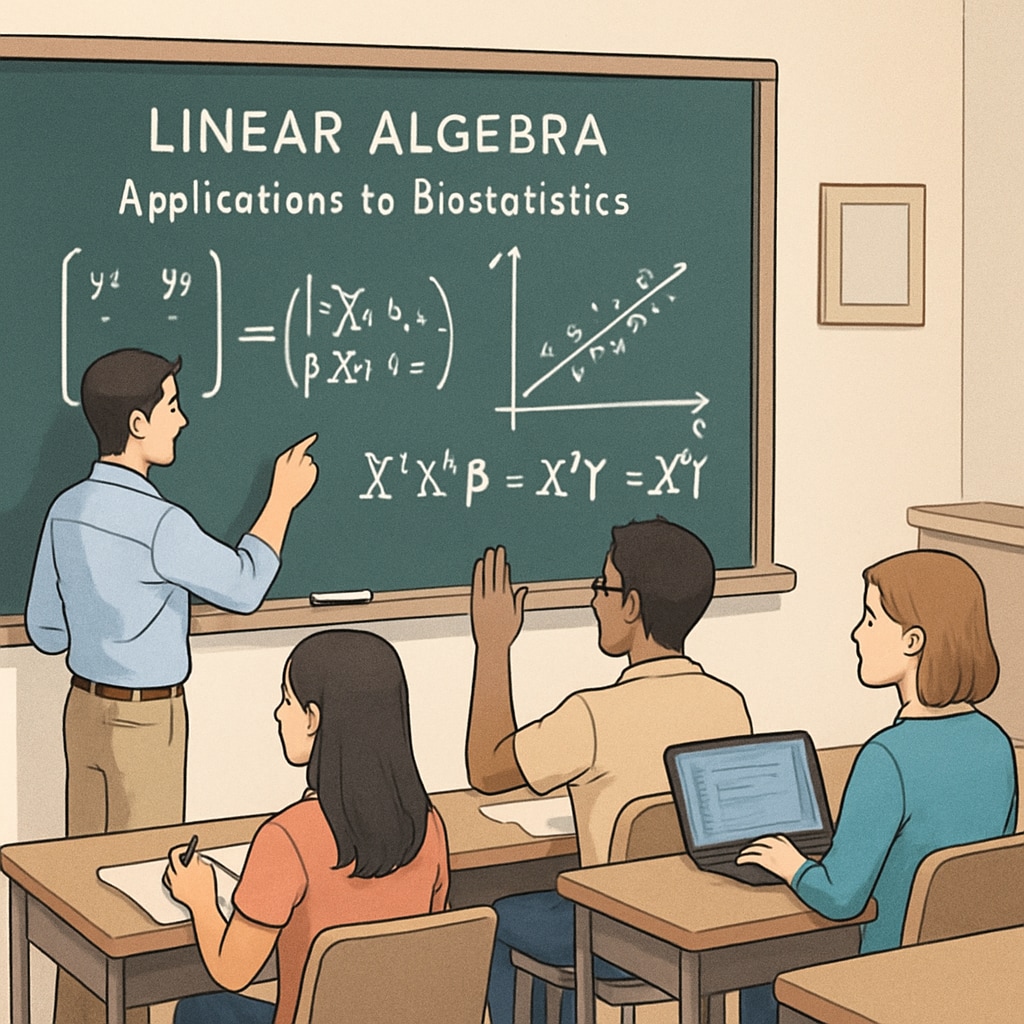 A classroom setting with students learning linear algebra, emphasizing its relevance to biostatistics. Students in a mathematics class focused on biostatistics and linear algebra.