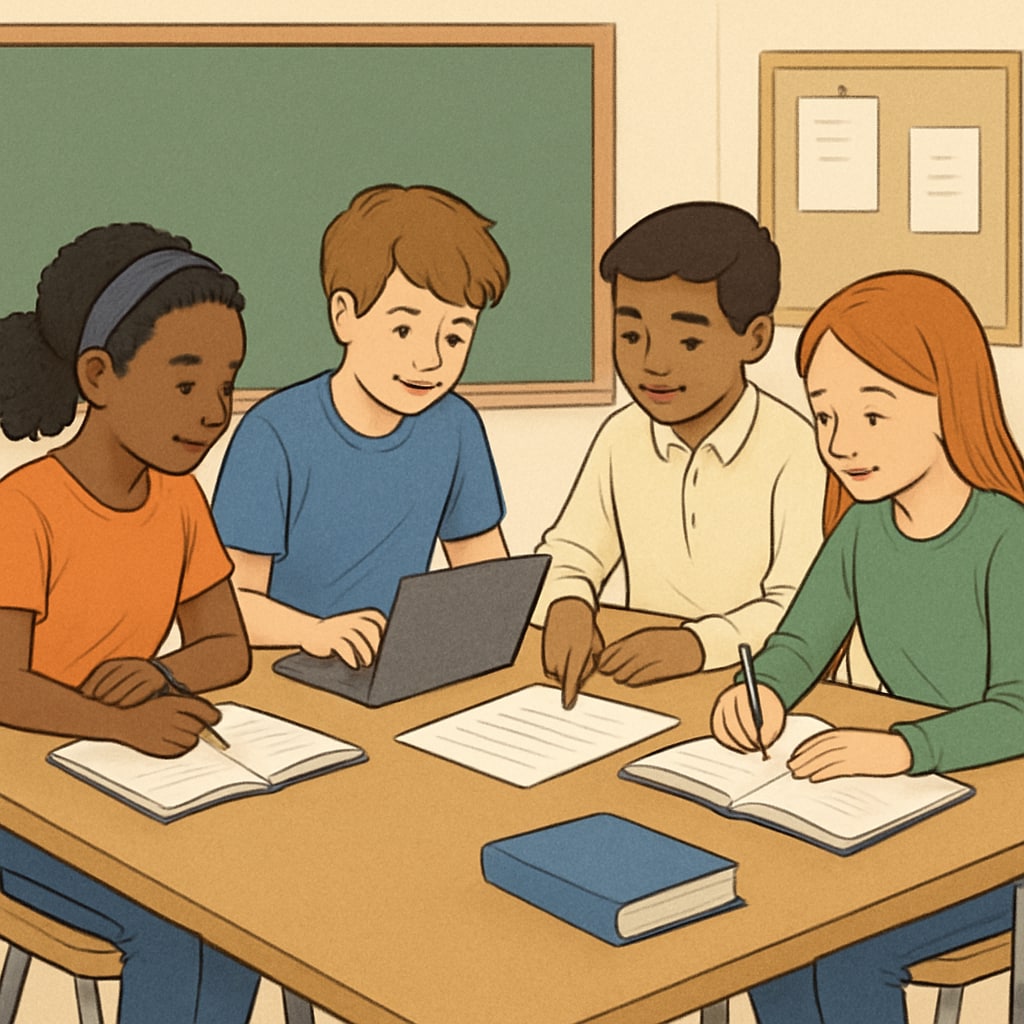 An image showing a diverse group of students collaborating on a project, symbolizing inclusivity and teamwork. Diverse group of students working together, demonstrating education's role in inclusivity and personal growth.