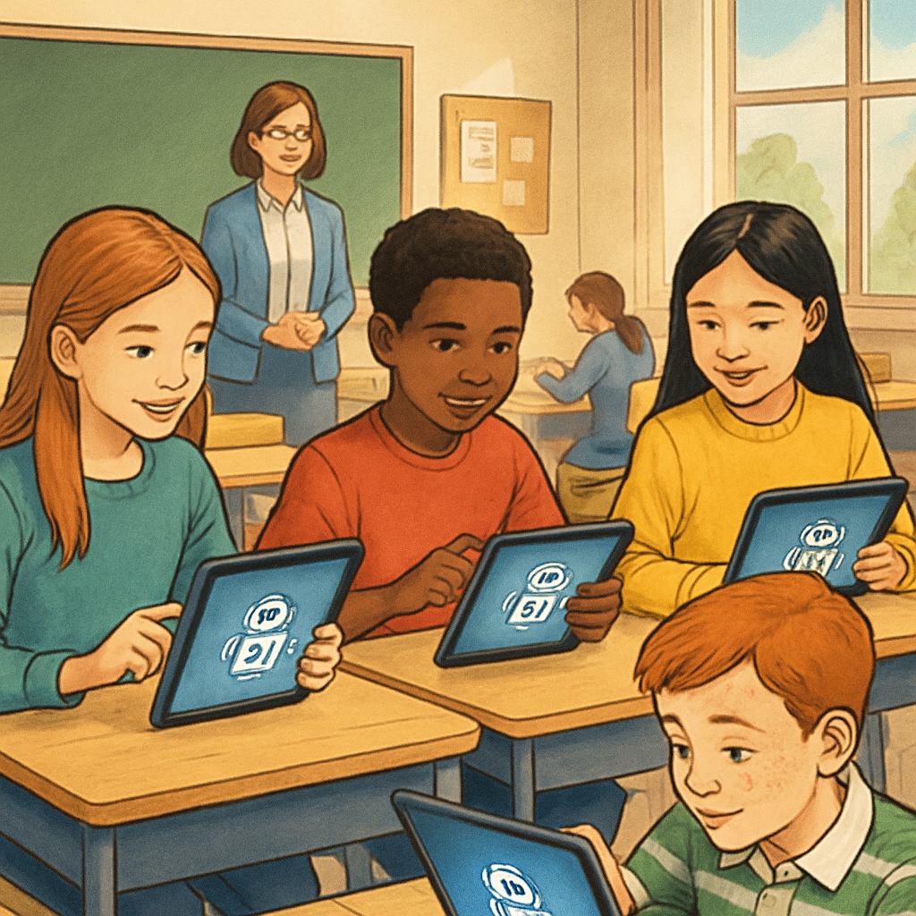 A group of students using AI-powered tablets in a modern classroom setting, symbolizing the fusion of technology and traditional learning. Students interacting with AI-powered learning tools in a classroom.