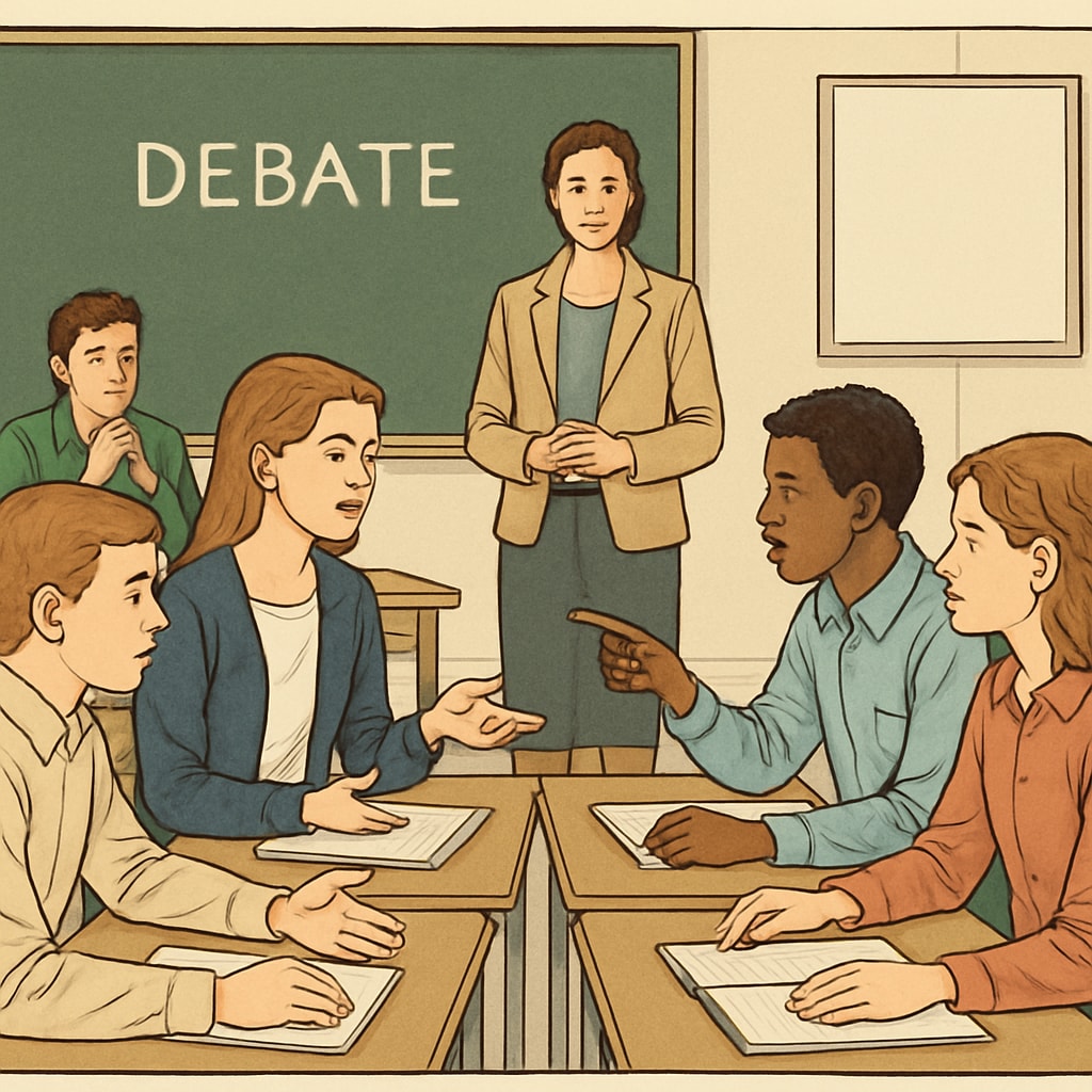 A classroom setting with students engaging in a structured debate, illustrating the development of critical thinking skills. Students participating in a debate, representing education’s focus on fostering critical thinking.