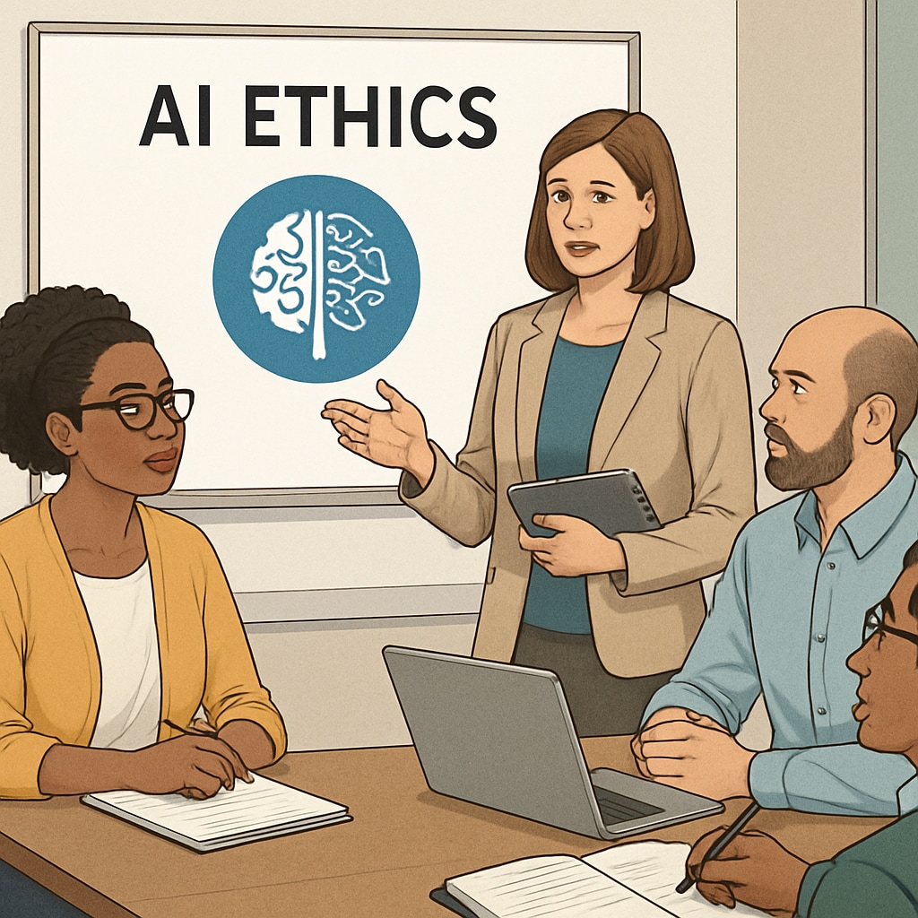A visually diverse group of educators discussing AI ethics in a professional development setting, emphasizing inclusivity and responsibility. Teachers and experts discussing ethical AI use in education.