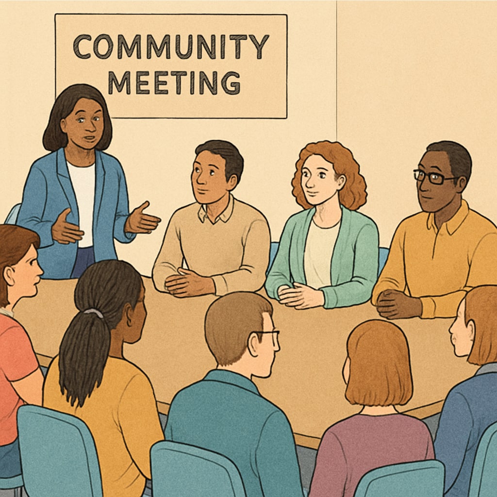 A photo of a community meeting addressing school leadership concerns, with parents and educators discussing child safety. Community members discussing concerns about school leadership and child safety.