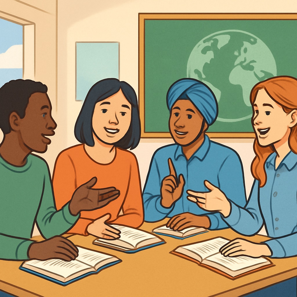 A classroom with diverse international students discussing their education systems, representing global education diversity. Students discussing education system challenges in a classroom setting.