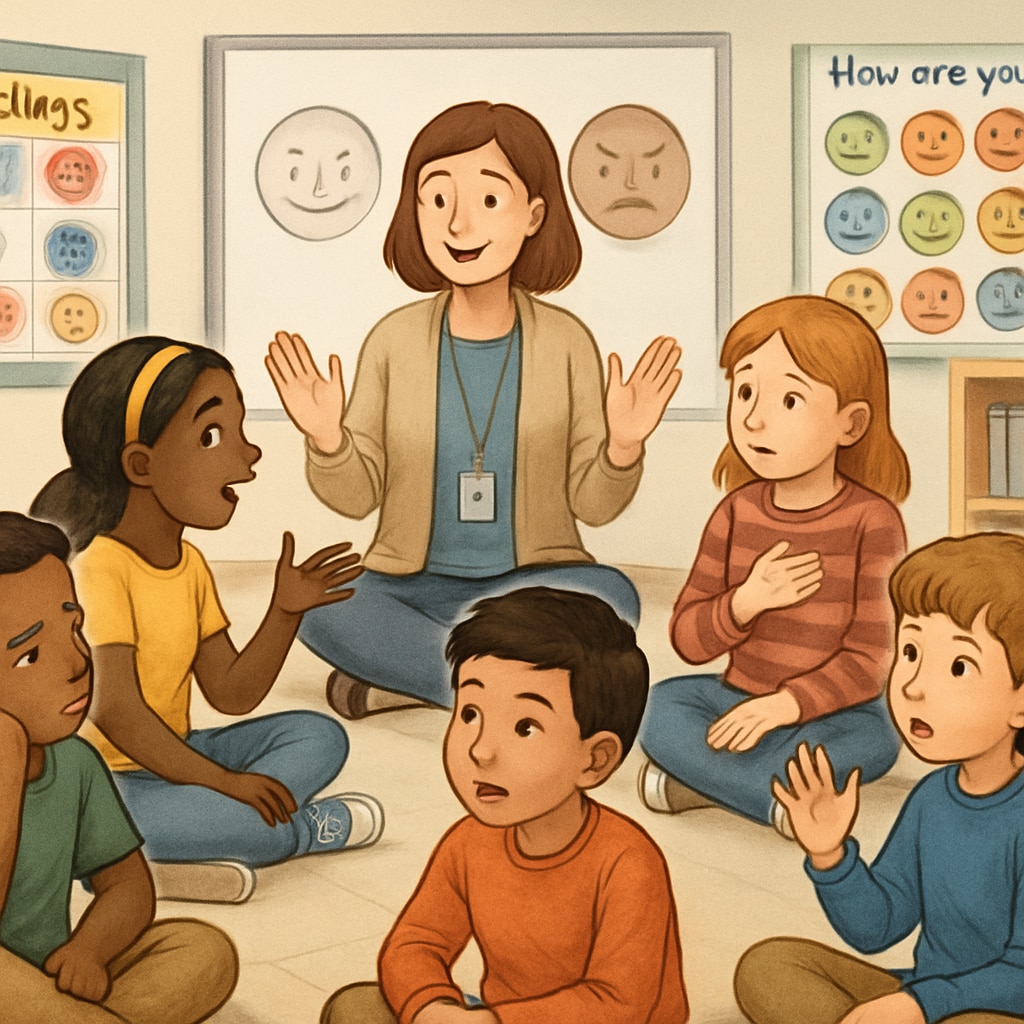 A classroom setting where children are engaged in a discussion about emotions and feelings. Children in a classroom learning about emotional education and emotional management.