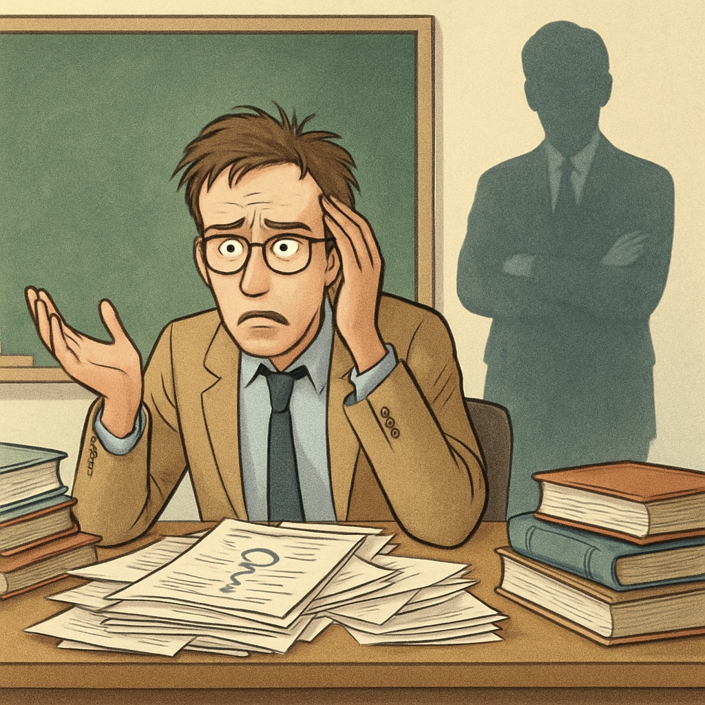 A teacher frustrated by unclear guidance from an academic supervisor, symbolizing ineffective leadership. A frustrated teacher receiving unclear instructions, representing unqualified academic supervision.