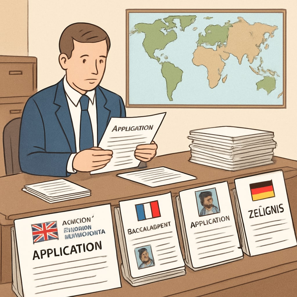A university admissions office reviewing applications from students worldwide, reflecting the challenges of international credential recognition. Admissions officers reviewing international student applications.