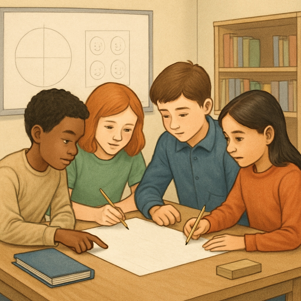 Students participating in a group activity that builds teamwork and emotional awareness, such as collaborative problem-solving. Students engaging in a collaborative activity focused on emotional learning and teamwork.