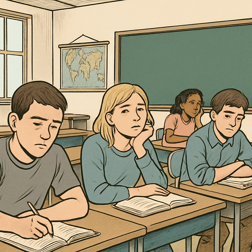 A classroom with disengaged students, representing the impact of poor academic leadership on education. A classroom with students visibly disengaged, highlighting the effects of ineffective academic supervisors.