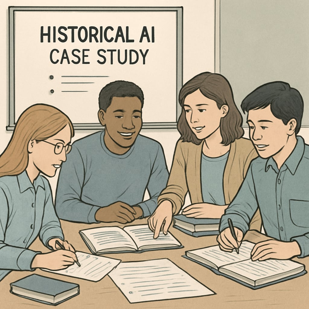 Students working on an AI history project in a classroom with limited resources.