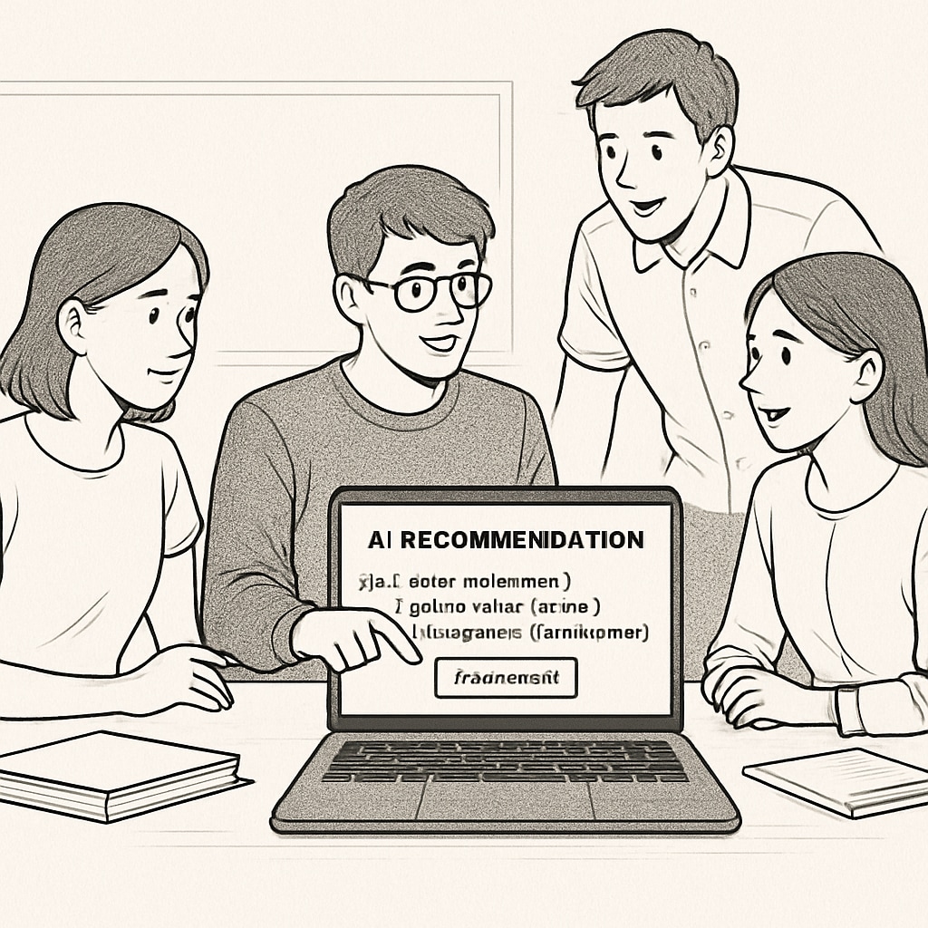 Undergraduate students testing an AI recommendation system on a laptop.