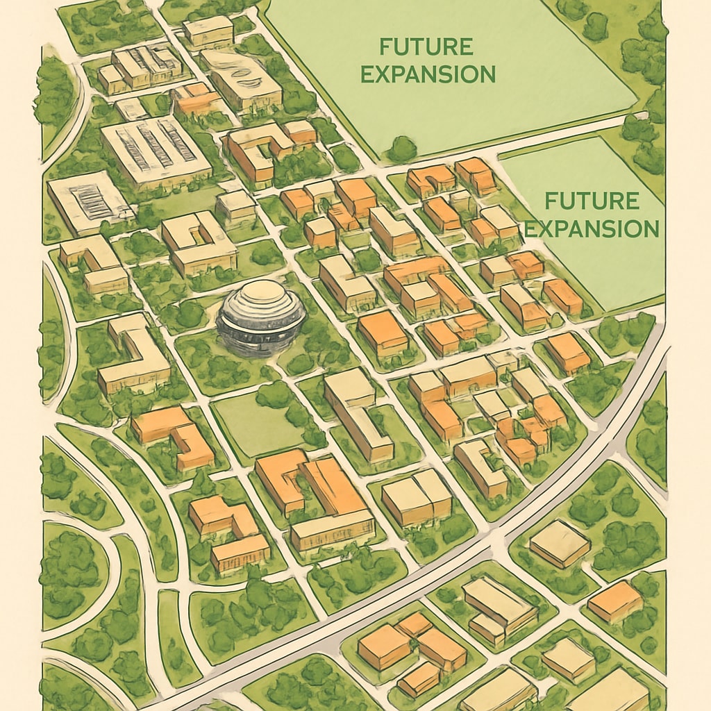 Aerial view of UC San Diego campus with infrastructure related to its expansion plan.