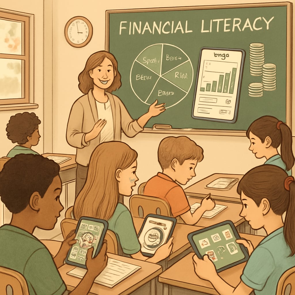 A classroom setting where students are learning about financial literacy through interactive tools like budgeting apps and games. Students learning financial literacy in a classroom setting