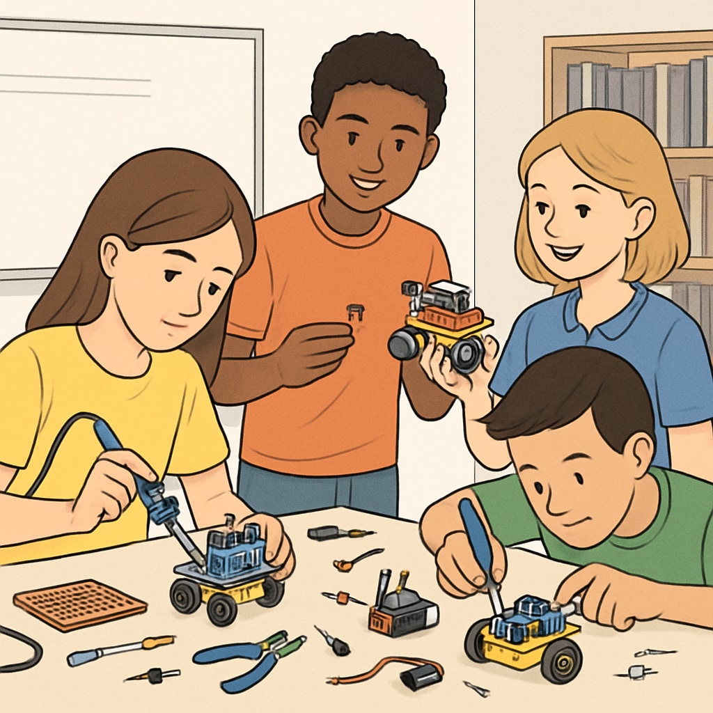 A classroom with students building small robots using basic electronic components, emphasizing hands-on learning. K12 students building beginner-level robots as part of a hands-on robotics course.