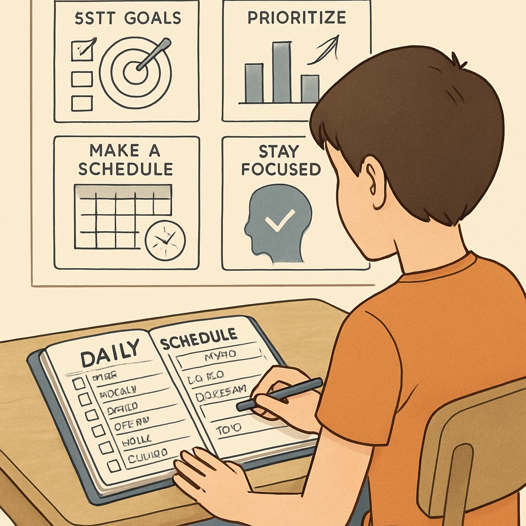 A student using a planner to organize their daily schedule, showcasing practical time management techniques. Student practicing time management with a planner