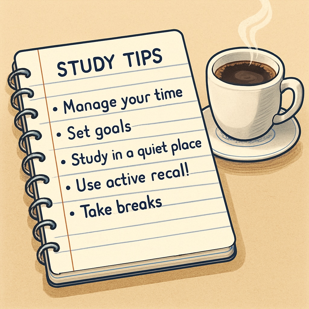A notebook with study tips and a coffee cup.