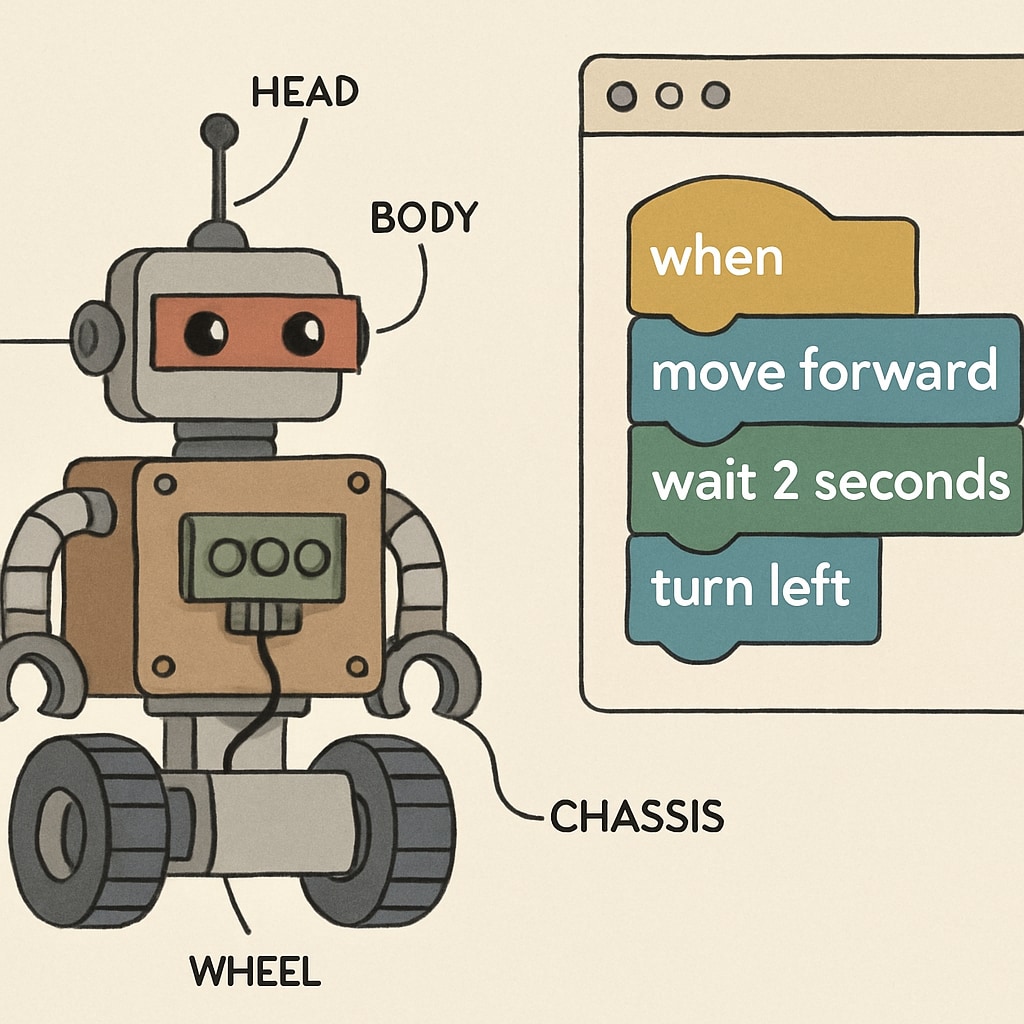 A close-up of a beginner-level robot, showcasing its mechanical parts and simple coding interface. A beginner-level robot with visible mechanical parts and a coding interface.