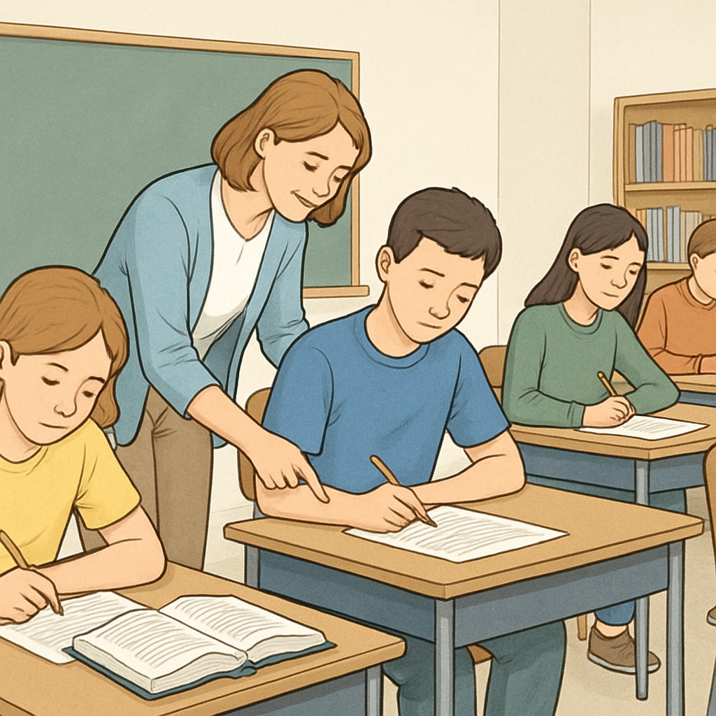 An image of students taking a test in a classroom setting with a teacher assisting, reflecting the importance of test resources in education. Students engaged in classroom tests supported by educational tools.
