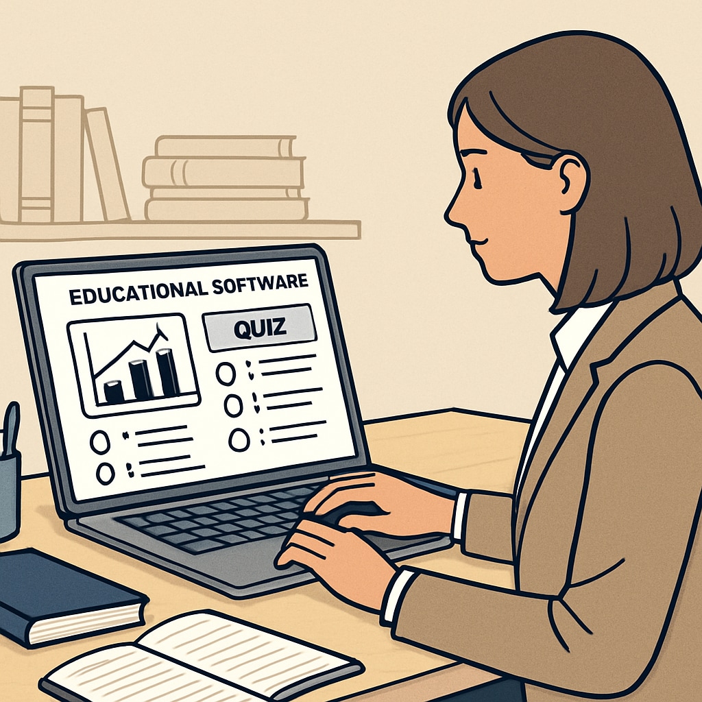 A visual depiction of an educator working on a laptop, showcasing educational software or test resource tools, emphasizing technology integration. Educator using digital tools for student assessments.