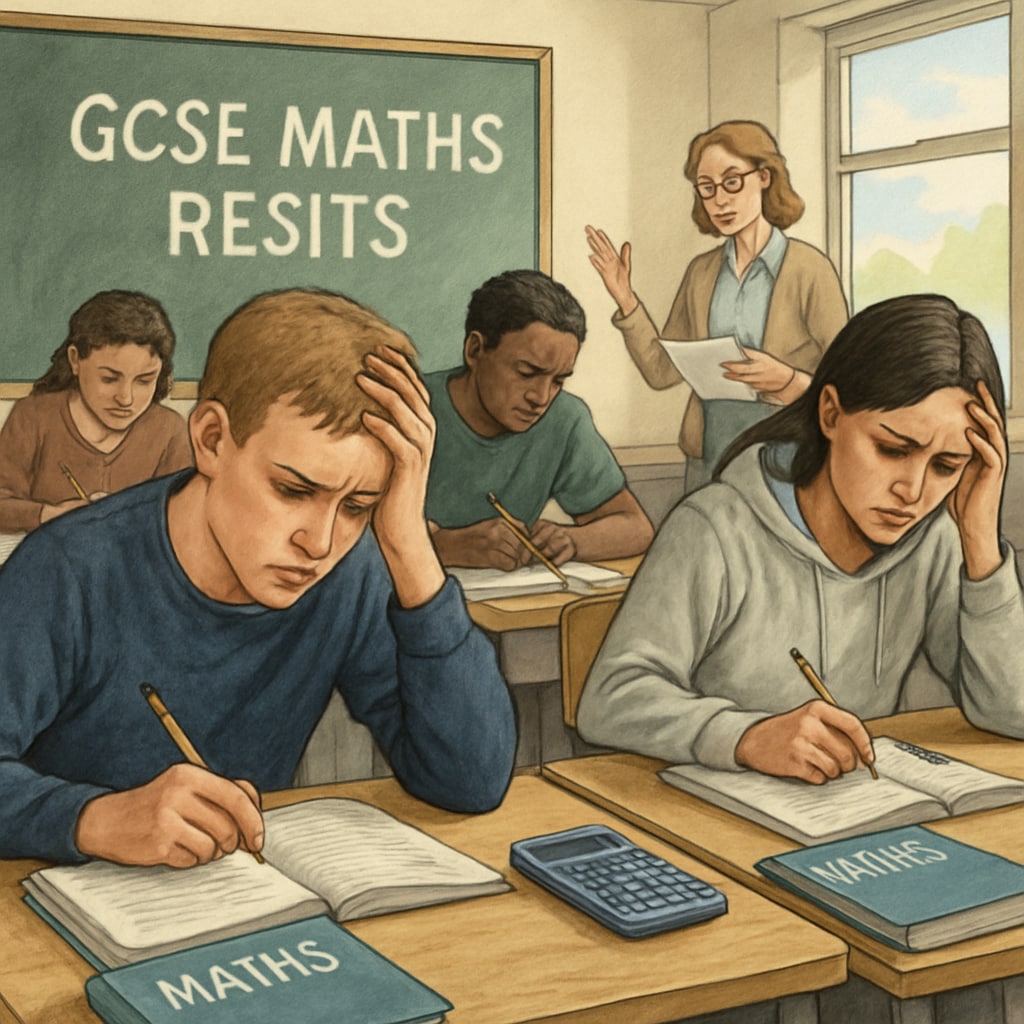 A classroom setting where students are preparing for GCSE maths resits, highlighting the stress and focus required. Students preparing for GCSE maths resits in a classroom environment.